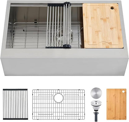 SHACO 33 Inch Stainless Steel Farmhouse Sink, 33x20 Single Bowl Ledge Workstation Flat Apron Front Farm Kitchen Sink with Cutting Board, Brushed Nickel