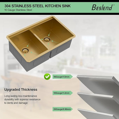 30 Gold Undermount Kitchen Sink - Beslend 30x19 Gold Double Bowl Kitchen Sinks Workstation 16 Gauge Stainless Steel Golden Sink Low Divide Double Basin 50/50