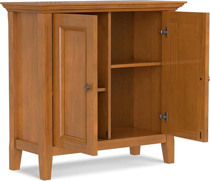 SIMPLIHOME Amherst Storage Cabinet - 32 inch Wide Solid Wood 2-Shelf Low Storage Unit in Light Golden Brown, Transitional Console or Accent Cupboard for Living Room or Entryway with Adjustable Shelves
