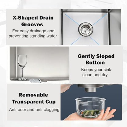 SANYCASA 33 Inch Double Bowl Kitchen Sinks with Quick Drain Slope - 11 Gauge (3mm) 304 Stainless Steel Undermount Kitchen Sink with Accessories
