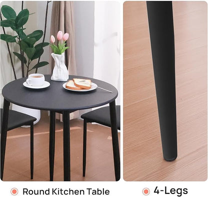 walsport Round Dining Table Set for 2, 3-Piece Wood Tabletop Samill Kitchen Table and Chairs with Strong Metal Frame, Modern Dinette with Chairs for Small Spaces Living Room (Black)