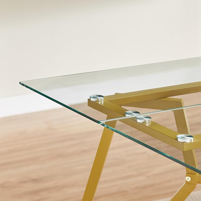 71 inch Glass Dining Table for 4 6 8, Modern Rectangular Kitchen Table and Table Runner, Clear Tempered Glass Tabletop and Gold Metal Legs Dining Room Dinner Table for Kitchen,Living Room, Offices