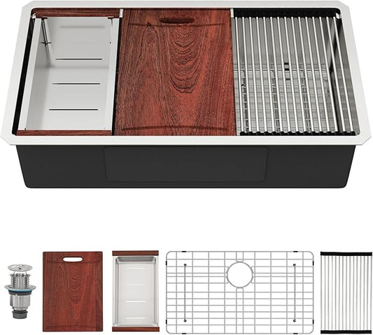 Undermount Kitchen Sink 33 ×19 x9 Inch Stainless Steel Workstation Sinks 16 Gauge Single Bowl 9'' Deep Handmade Basin with Accessories