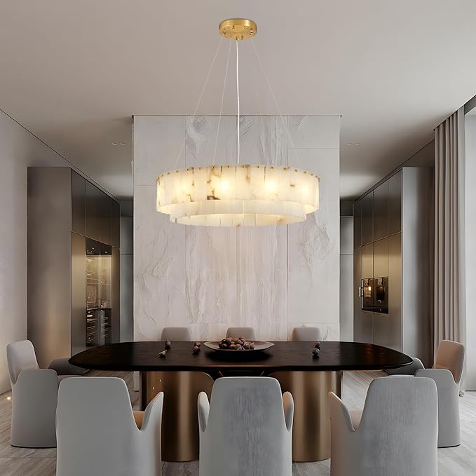 Lanhall Spanish Alabaster Chandelier, 2 Tiers Brushed Brass Modern Chandeliers for Dining Room Light Fixture 12-Light Pendant Light Natural Marble Chandelier for Kitchen Bedroom Living Room Foyer