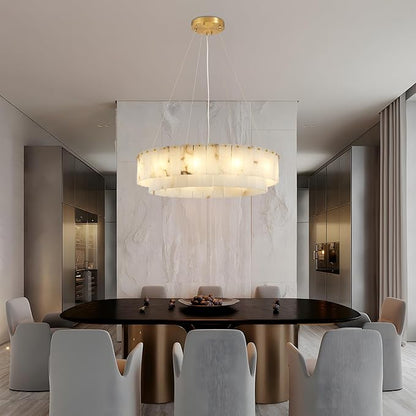 Lanhall Spanish Alabaster Chandelier, 2 Tiers Brushed Brass Modern Chandeliers for Dining Room Light Fixture 12-Light Pendant Light Natural Marble Chandelier for Kitchen Bedroom Living Room Foyer