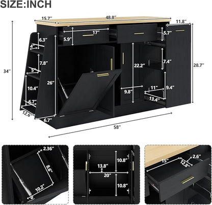 58 inch Large Kitchen Island with Trash Can Storage Cabinet, Multi-Functional Storage Sideboard with Sliding Door Cabinet & 3-Tier Spice Rack, Island Table for Kitchen, Dining Room (Black)