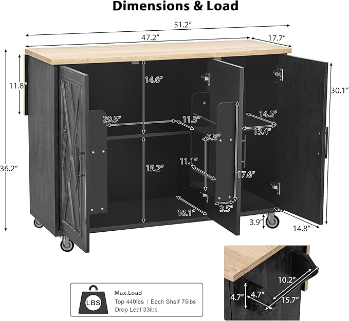51.2"W Geometric Twill Stripe Textured Design Island with Drop Leaf, Farmhouse Kitchen Cart on Wheels with Internal Storage Rack, Rolling Kitchen Cart with Towel Rack (Black@044)