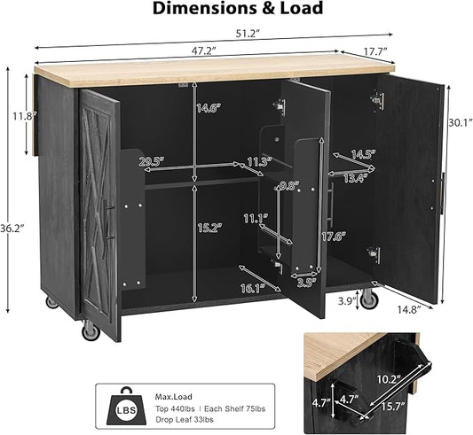 51.2"W Geometric Twill Stripe Textured Design Island with Drop Leaf, Farmhouse Kitchen Cart on Wheels with Internal Storage Rack, Rolling Kitchen Cart with Towel Rack (Black@044)