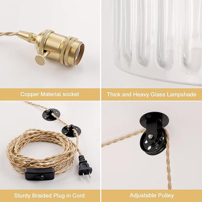Shenmoyl Plug in Pendant Light Hanging Light Fixture Corded On/Off Switch Brass Pendant Light with Clear Striped Glass Lampshade for Bedroom Living Room Kitchen Island