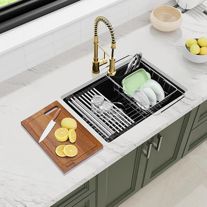 Davivy 24 Inch Black Granite Composite Kitchen Sink Workstation, 24 x 18 Black Undermount/Drop In Kitchen Sink, Deep Quartz Single Bowl with Accessories