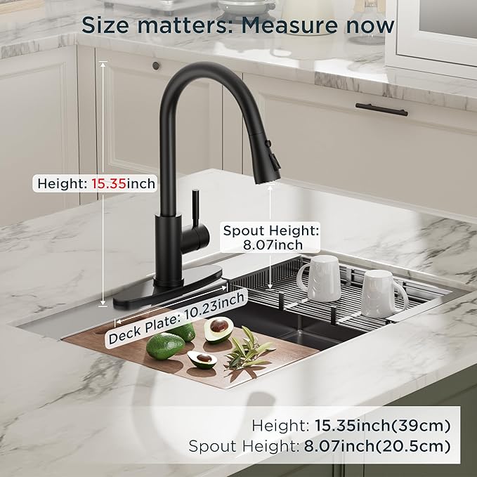 QFN Black Kitchen Faucet with Pull Down Sprayer, High Arc Single Handle Single Level Stainless Steel Pull Out Sink Faucet for Farmouse Camper RV Bar, Fit for 1 or 3 Hole