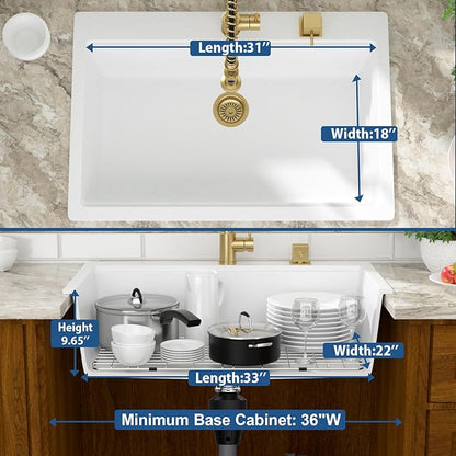 Mocoloo 33 Inch Drop in Workstation Kitchen Sink, 33x22 White Granite Composite Quartz Single Bowl Topmount Ledge Sink Above Counter