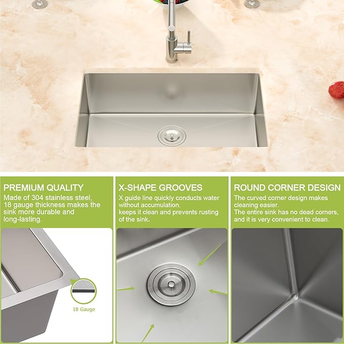 28x18 Undermount Kitchen Sink-28 Inch Stainless Steel Sinks 304 18 Gauge Single Bowl kitchen sinks 9" Deep Basin