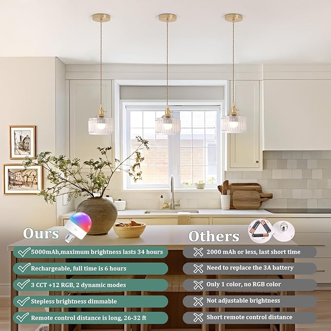 Shenmoyl Battery Operated Pendant Light 5000mAh Rechargeable Chandelier with Remote Control Wireless Adjustable Hanging Clear Striped Light for Kitchen Island Dining Room Hallway, 2 Pack