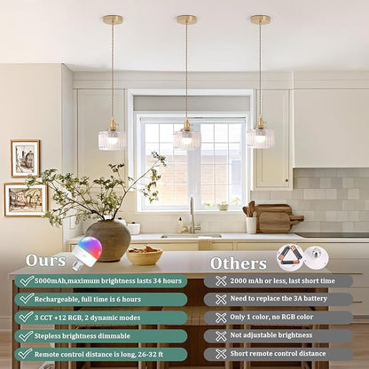 Shenmoyl Battery Operated Pendant Light 5000mAh Rechargeable Chandelier with Remote Control Wireless Adjustable Hanging Clear Striped Light for Kitchen Island Dining Room Hallway, 2 Pack