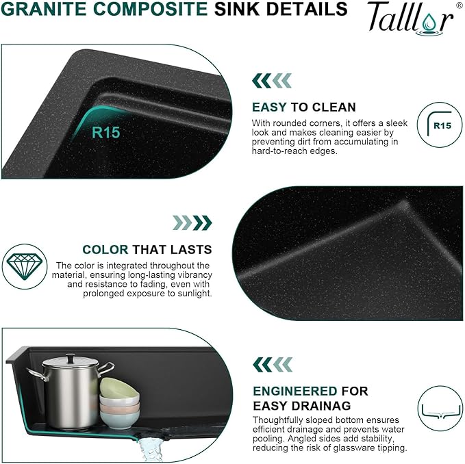 32 Inch Granite Composite Kitchen Sink - Black Undermount Workstation All-In One Classic Quartz Under Counter Single Bowl Sink Basin with Accessories, 32x19#TLGU-101