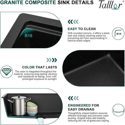 Granite Composite Kitchen Sink - 32 Inch Granite Kitchen Sink Undermount All-In One Workstation Matte Black Quartz Classic Under Counter Single Bowl Sinks for Kitchen, 32"x19" #TLGU-132