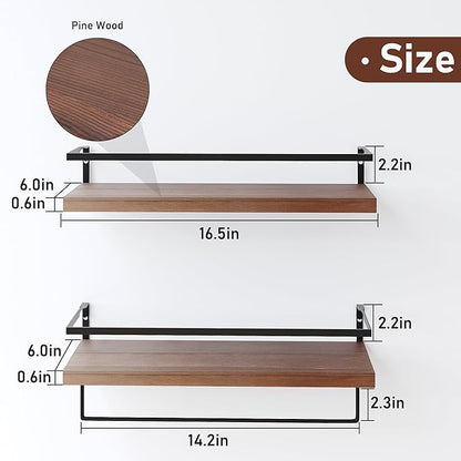 Wood Floating Shelves Wall Mounted - 2+1 Tier Rustic Bathroom Wall Shelves Over Toilet with Towel Bar, Natural Wood Set of 2 Farmhouse Floating Shelf for Bathroom, Kitchen, Bedroom, Dark Brown