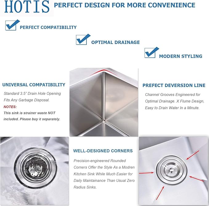 HOTIS 33x22 Drop In Kitchen Sink, Topmount Stainless Steel Brushed Nickel Single Bowl Sink, Extra-thick 16 Gauge For RV Kitchen Laundry Utility with Dish Grid