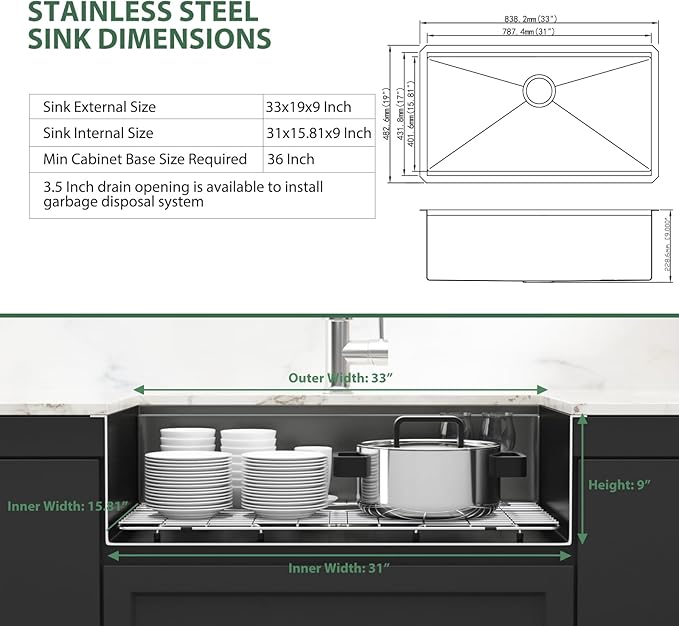 Black Undermount Kitchen Sink 33 Inch Stainless Steel Workstation Kitchen Sinks Single Bowl Gunmetal Black Nano PVD 16 Gague Handmade Large Deep Sinks 33" x 19" x 9"