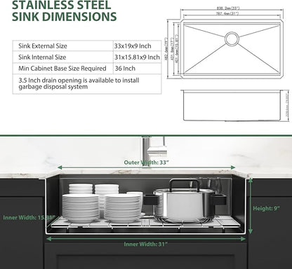 Black Undermount Kitchen Sink 33 Inch Stainless Steel Workstation Kitchen Sinks Single Bowl Gunmetal Black Nano PVD 16 Gague Handmade Large Deep Sinks 33" x 19" x 9"