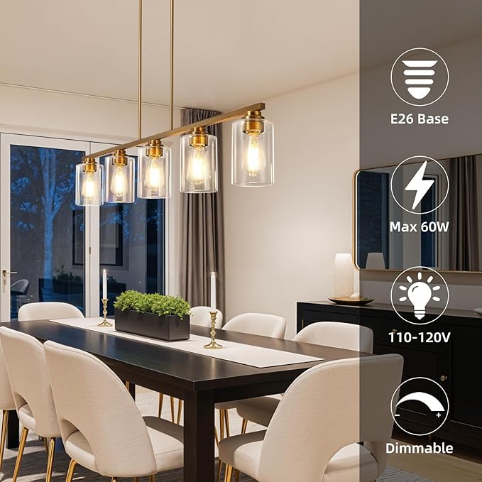 Mecgirn Island Light for Kitchen, Brushed Brass Dining Room Light Fixture Over Table, 5-Light Linear Chandelier Pendant Lighting for Dining Table Kitchen Island Living Room