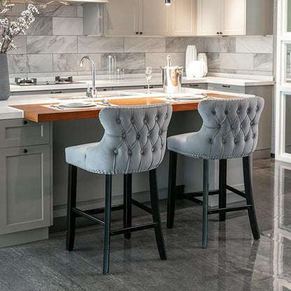 Rhomtree Elegant Button Tufted Upholstered Fabric Bar Stools with Nailhead Trim, Dining Side Chair, Leisure Padded Chairs with Solid Wooden Legs Home Kitchen Island Wooden Bar Chairs (Grey, Set of 2)
