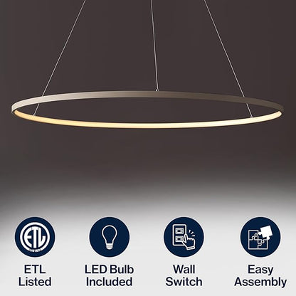 JONATHAN Y 35" Beige Modern Integrated LED Pendant Light, Dimmable Round Hoop Chandelier for Kitchen Island, Dining Room, Adjustable Height Metal Hanging Light (JYL7220H)