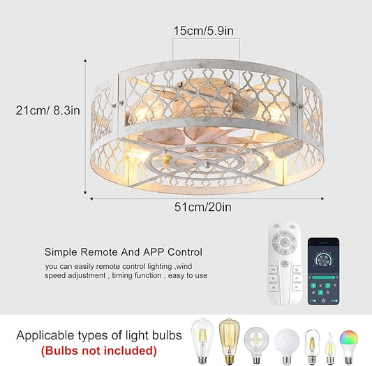Garwarm Caged Ceiling Fan with Light,20" Flush Mount Ceiling Fan with Remote,Bladeless Low Profile Fandelier Small Ceiling Fans with Lights for Bedroom,Dining Room