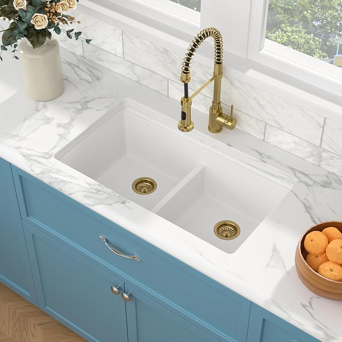 Sarlai 33 Granite Composite Kitchen Sink Double Bowl - 33"x19" White Granite Kitchen Sink Ledge Workstation White Undermount Double Bowl 50/50 Low Divide Quartz Classic Composite Under Counter Basin