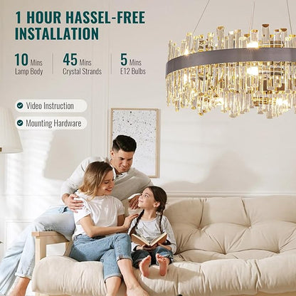 Siljoy Modern Crystal Chandelier 16-Light Brushed Nickel 2-Tiers K9 Crystal Raindrop Chandelier Luxury Flush Mount Crystal Pendant Ceiling Light Fixture for Dining Living Room Entryway Foyer D31.5''