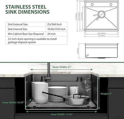 21 x 19 Inch Outdoor Sink Undermount RV Sink Workstation 16 Gauge Stainless Steel Single Bowl Handmade Outdoor Kitchen Sinks With Floding Faucet 21"x19"x9"