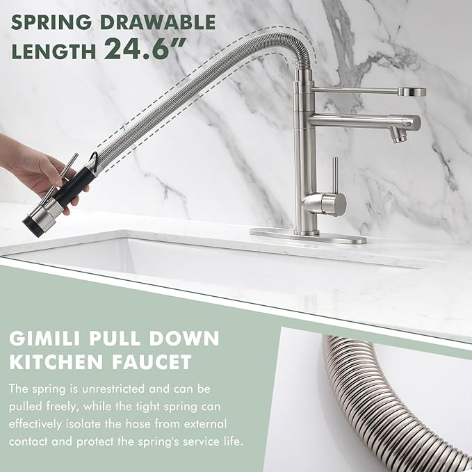 GIMILI Commercial Dual-Spout Kitchen Sink Faucet with Pull Down Sprayer Brushed Nickel