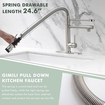 GIMILI Commercial Dual-Spout Kitchen Sink Faucet with Pull Down Sprayer Brushed Nickel