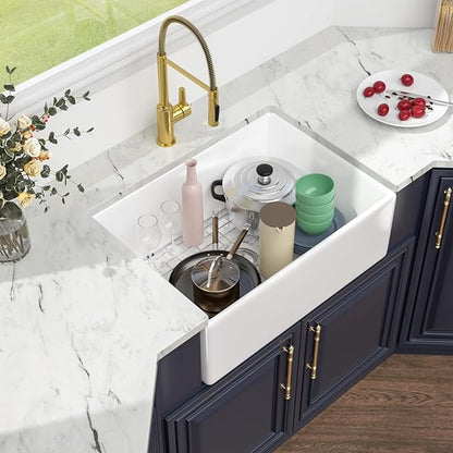 28 White Farmhouse Kitchen Sink - Kichae 28 Inch Farmhouse Kitchen Sink Apron Front White Fireclay Ceramic Porcelain Single Bowl Basin