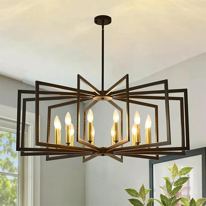 Black Chandelier for Dining Room,12-Light Large Dining Room Light Fixture Modern Geometric Metal Hanging Industrial Chandeliers for Entryway Kitchen Island Foyer Farmhouse Chandeliers (Black Gold)