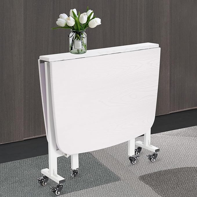 Folding Dining Table, Moveable Kitchen Desk with Wheels, Foldable Dining Table, Space Saving Desk, for Restaurant Room, Kitchen, Living Room, Rustic White, 47.2×31.5×29.5in, for 4-8 People