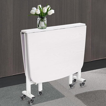 Folding Dining Table, Moveable Kitchen Desk with Wheels, Foldable Dining Table, Space Saving Desk, for Restaurant Room, Kitchen, Living Room, Rustic White, 47.2×31.5×29.5in, for 4-8 People