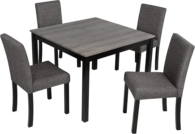 5-Piece Dining Table Set for 4, Wooden Kitchen Table and Chairs Set of 4, Square Dining Room Table with Upholstered Seats for Kitchen and Dining, Light Grey & Black Two Tone