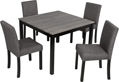 5-Piece Dining Table Set for 4, Wooden Kitchen Table and Chairs Set of 4, Square Dining Room Table with Upholstered Seats for Kitchen and Dining, Light Grey & Black Two Tone