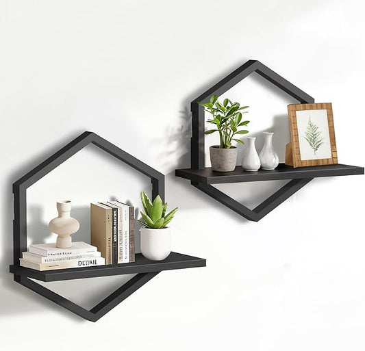 KALYLOC Floating Shelves for Wall, Hanging Shelves Wall Shelf for Plants, Decorative Wall Mounted Shelves for Living Room Bedroom Bathroom Home Office Kitchen, Black Wood Set of 2