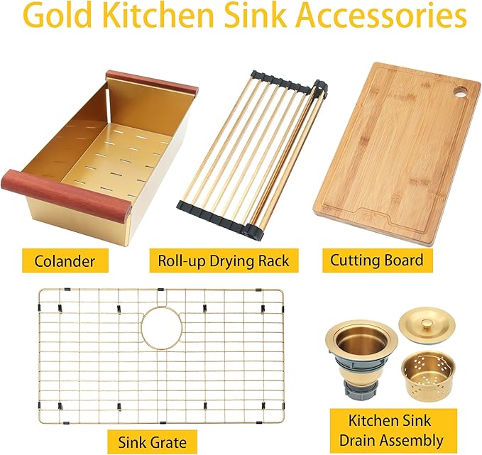LQS Gold Kitchen Sink 33x22, Gold Drop In Kitchen Sink with 3 Holes, 33 Inch Large Top Mount Stainless Steel Handmade Sturdy 16 Gauge T304 with Abundant Accessories, R10 Round Corner
