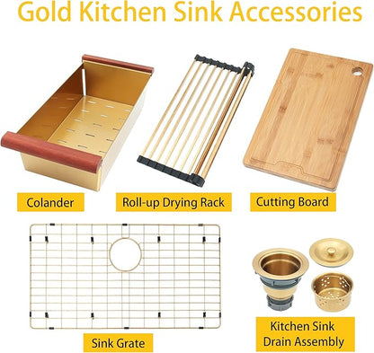 LQS Gold Kitchen Sink 33x22, Gold Drop In Kitchen Sink with 3 Holes, 33 Inch Large Top Mount Stainless Steel Handmade Sturdy 16 Gauge T304 with Abundant Accessories, R10 Round Corner