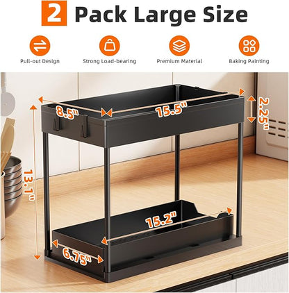 Simple Trending Under Sink Organizer 2 Pack, Sink Pull-Out Sliding Storage Cabinet, 2-Tier Under Shelf Organizer for Kitchen Bathroom, Black