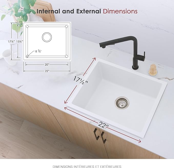 Stylish 22 x 17.5 Composite Granite Kitchen Sink, Single Bowl Under Mount & Drop in, 8.25 in Deep, Rear-Center Drain, with Strainer, White, S-822H