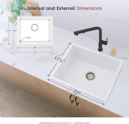 Stylish 22 x 17.5 Composite Granite Kitchen Sink, Single Bowl Under Mount & Drop in, 8.25 in Deep, Rear-Center Drain, with Strainer, White, S-822H