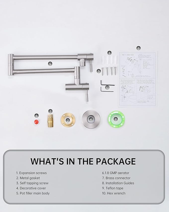 Fransiton Brushed Nickel Pot Filler, Pot Filler Faucet Wall Mount, Brass Folding Stretchable with Double Joint Swing Arm Single Hole Two Handles Kitchen Restaurant