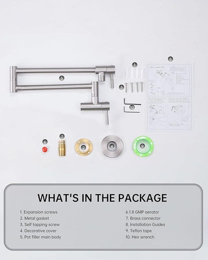Fransiton Brushed Nickel Pot Filler, Pot Filler Faucet Wall Mount, Brass Folding Stretchable with Double Joint Swing Arm Single Hole Two Handles Kitchen Restaurant