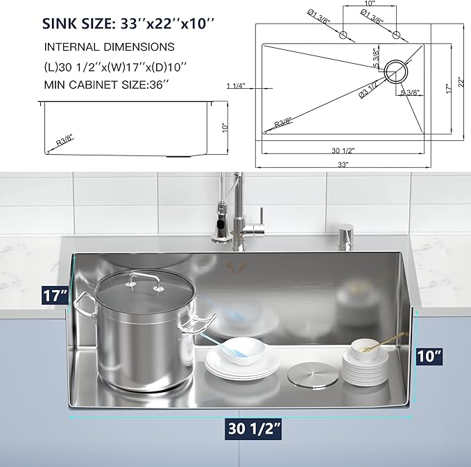 Kitchen Sink 33 x 22 Inch Drop-In Top Mount 16 Gauge Deep R10 Single Bowl 2-Hole Stainless Steel Kitchen Sink and Accessories (Pack of 4)