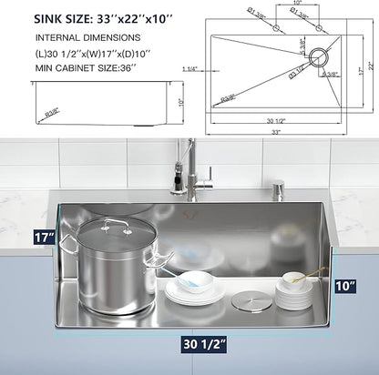 Kitchen Sink 33 x 22 Inch Drop-In Top Mount 16 Gauge Deep R10 Single Bowl 2-Hole Stainless Steel Kitchen Sink and Accessories (Pack of 4)